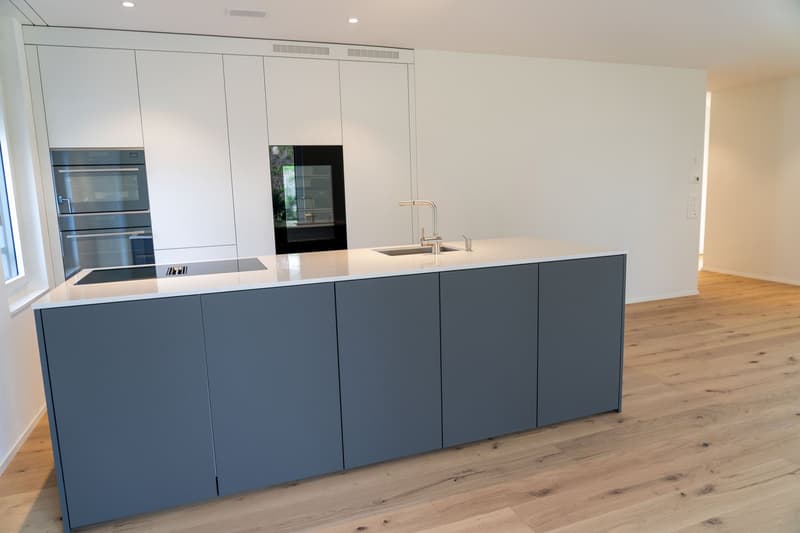 modern kitchen, white cabinets, gray countertops, stainless steel appliances, wooden floor