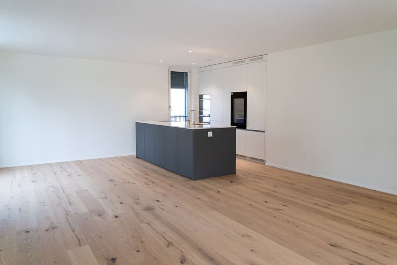modern kitchen with island, white walls, wooden floor, built-in appliances