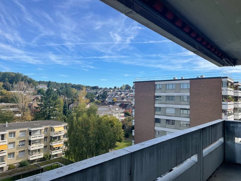 Exterior view from a balcony, overlooking a neighborhood, trees, and distant buildings with rooftop terraces.