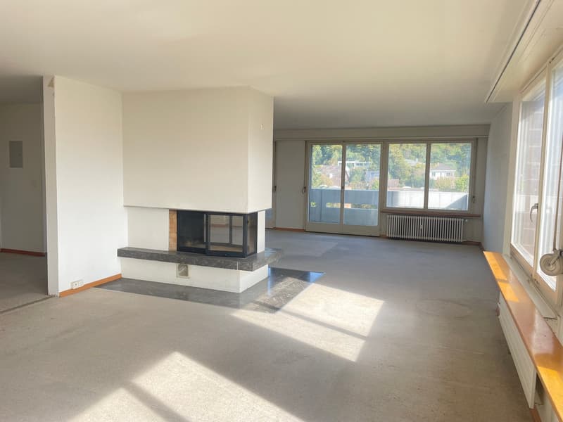 living room, fireplace, sliding doors, windows, parquet floor
