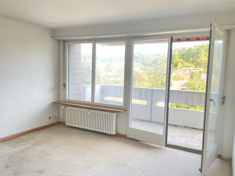 empty room, white walls, white radiator, sliding glass doors, balcony with metal railings, carpeted floor