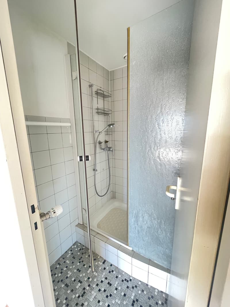 tiled shower stall, glass door, white tiled walls, chrome showerhead
