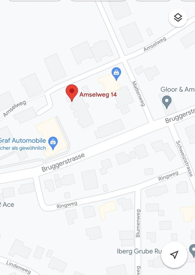 The image shows a map with the address Amselweg 14 marked on it. The map also shows nearby streets and landmarks such as Amselweg, Bruggerstrase, Ringweg, and Gloor & Am.