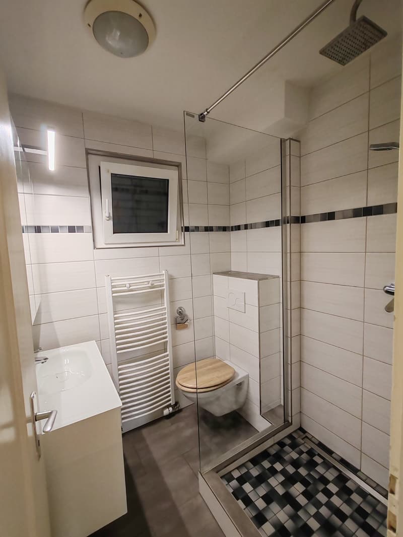 Bathroom with tiled walls, a wooden toilet, a glass shower enclosure, a white sink with faucet, a towel rack, and a small window.