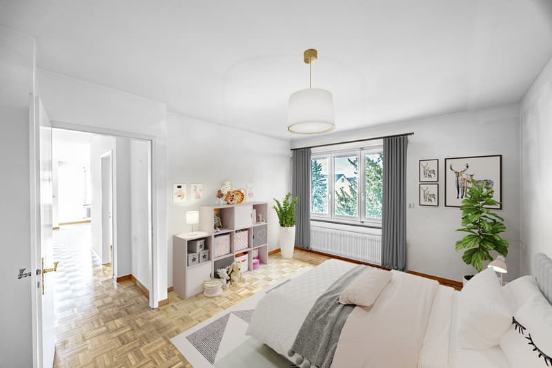 Bedroom with wooden floor, white walls, large window, bed, nightstand, lamp, storage boxes, potted plant, radiator, decorative items, rug, and ceiling lamp.