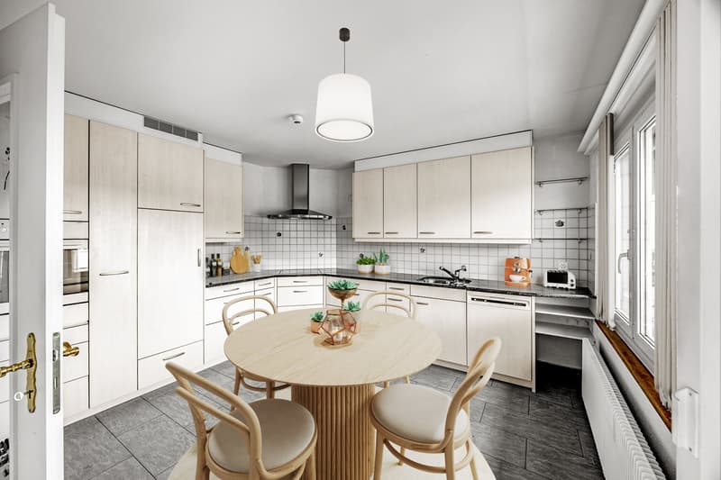 modern kitchen with white cabinets, wooden table, white chairs, white tiled backsplash, white ceiling, white floor, white walls, white door, white radiator, white windows