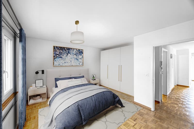 Bedroom with bed, nightstands, wardrobe, rug, and artwork