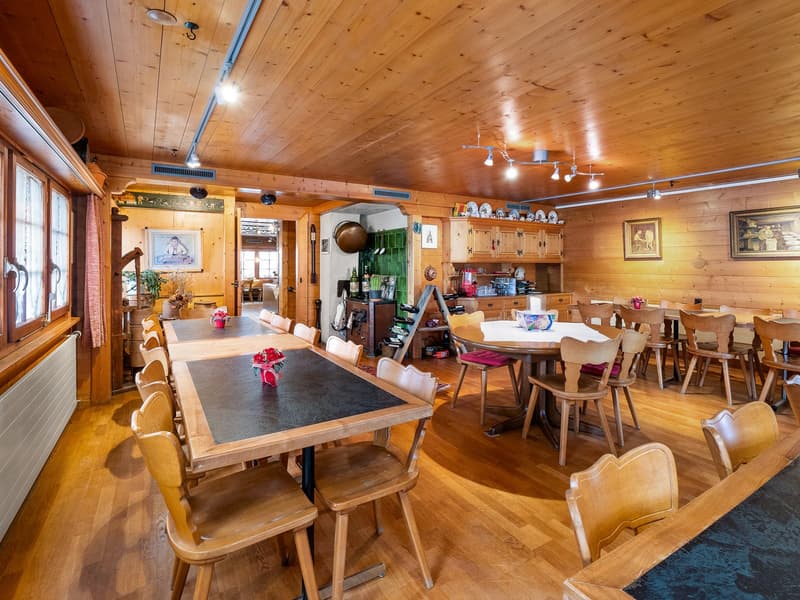 Large open-concept dining room with wooden walls and ceiling, wooden dining table and chairs, kitchen area with cabinets and shelves, and a fireplace visible in the background.