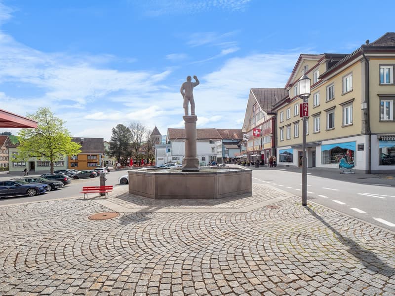The image shows a town square with a central statue of a muscular figure. The square is paved with cobblestones and surrounded by multi-story buildings with a mix of architectural styles. There are parked cars and pedestrians visible in the square. The sk