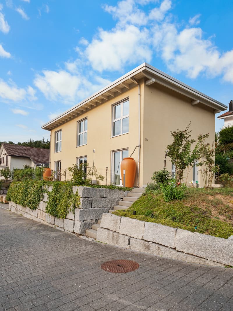 Single-family house, beige stucco exterior, steep approach, planted landscaping, large windows, two stories, covered entry, multiple steps