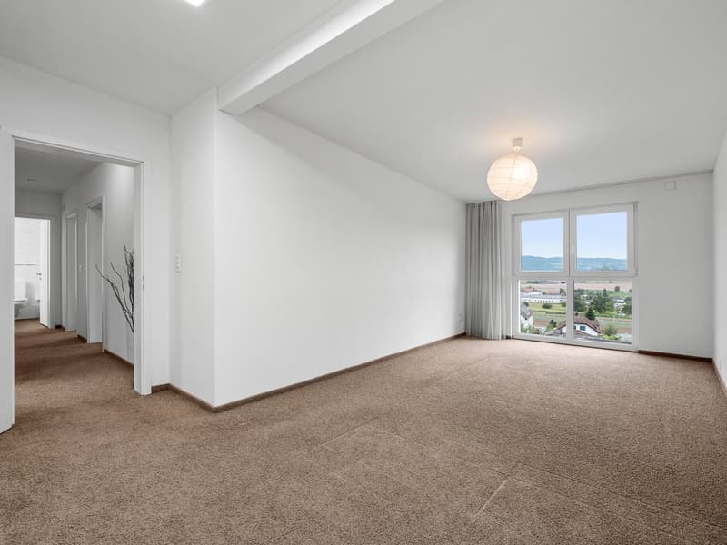 Spacious, bright room with beige carpeting, white walls, ceiling with light fixture, large window with scenic view