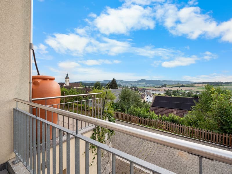 railing, planter, town in the distance, clear sky