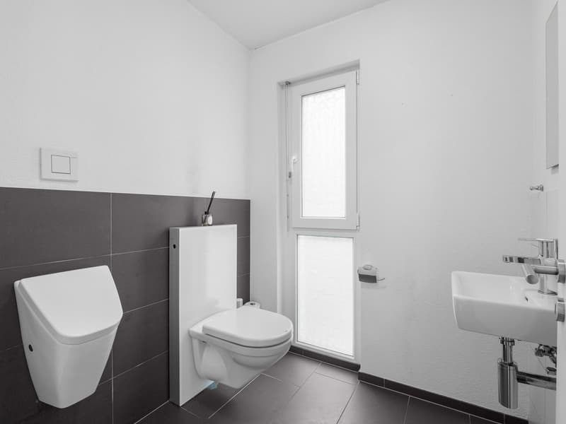 compact bathroom, white ceramic sink, toilet bowl, and urinal, glass window, white and gray tiles