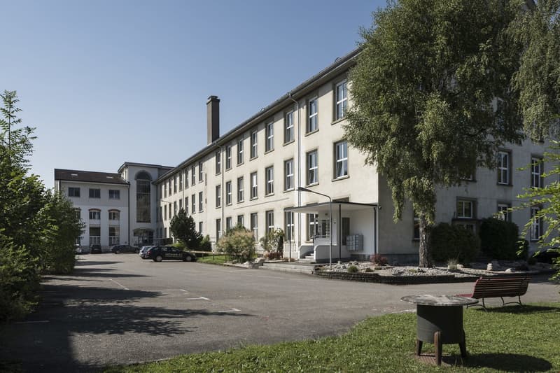 A multi-story beige building with many windows, surrounded by trees and a paved courtyard area with a bench. The building appears to be a school or office building.