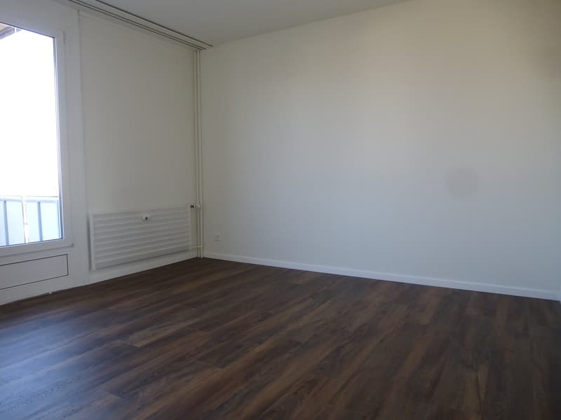 empty room, white walls, white radiator, large window, balcony, wooden flooring