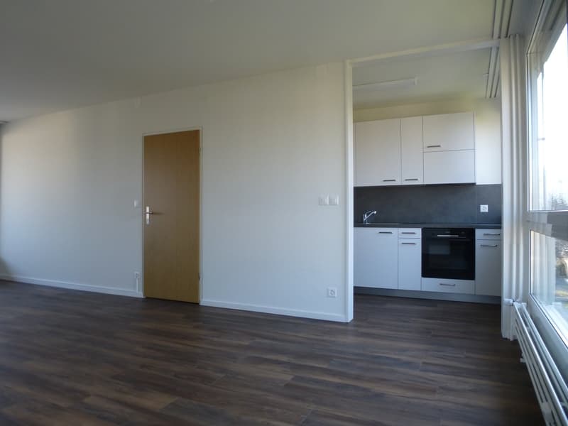 Empty room with wooden floor, white walls, wooden door, and modern kitchen with white cabinets, black oven, and a sink.