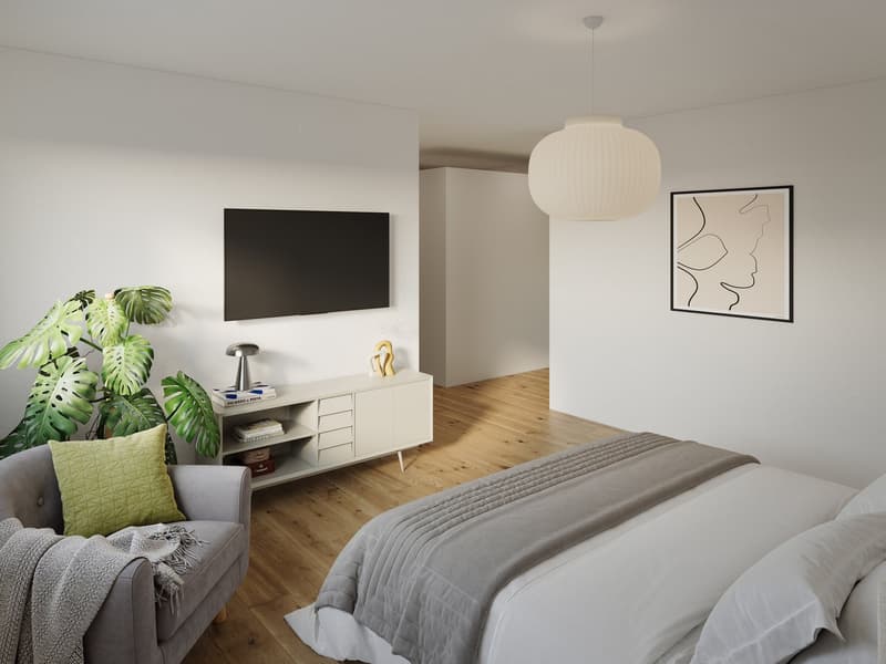 Bedroom with bed, nightstand, TV, cabinet, armchair, plant, and picture frame