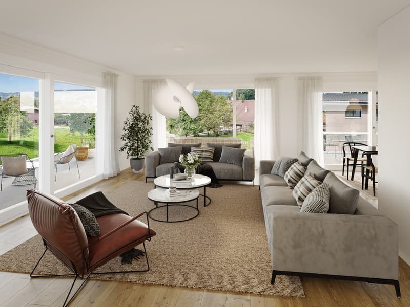 large windows, balcony, two sofas, coffee tables, carpet, plants, modern lamps