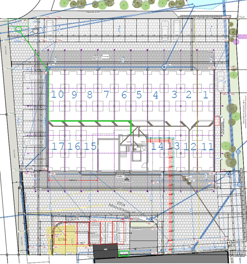 Floor plan with multiple rooms and areas labeled, including parking spaces and green areas
