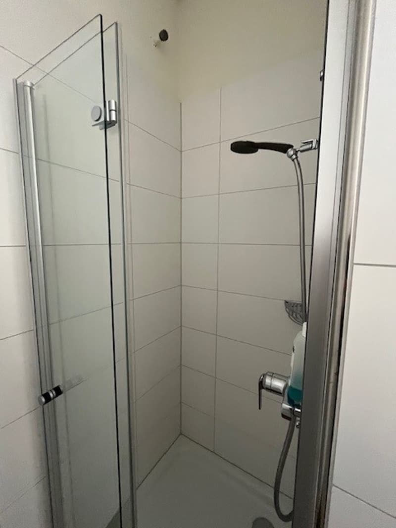 Glass shower enclosure, white tiles, showerhead, soap dispenser, white walls