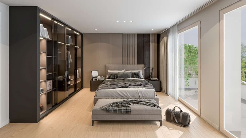 Schlafzimmer, Obergeschoss, mit Zugang zur Terrasse