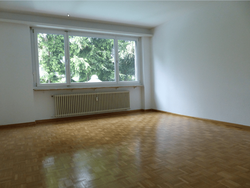 Empty room, wooden parquet floor, white walls, large window, white radiator