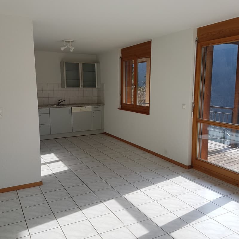 tiled kitchen, dishwasher, sink, wooden balcony, window with railing