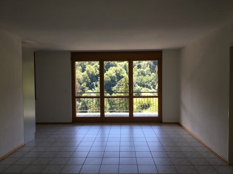 large windows, balcony, tiled floor, empty room, outdoor view