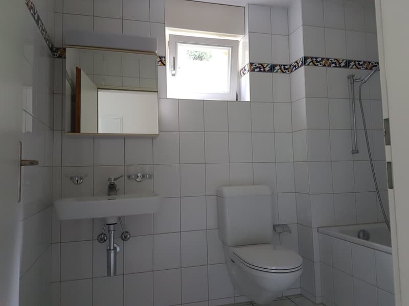 bathroom, white tiled walls, silver sink, toilet, bathtub with shower head