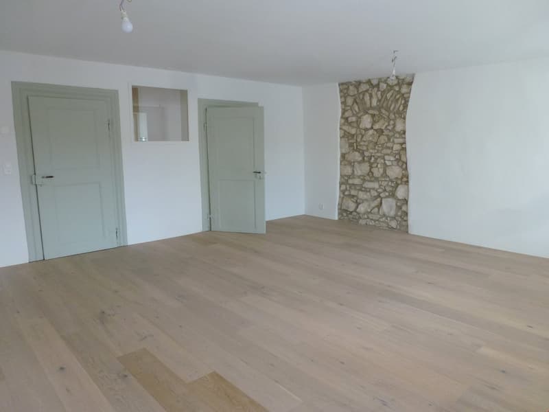 Empty room with wooden floor, white walls, two doors, and a stone wall.