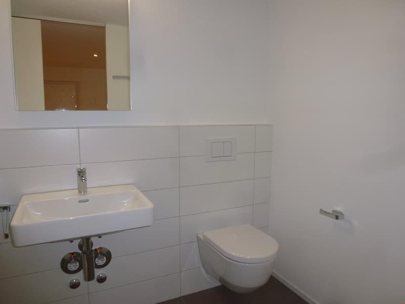 modern bathroom with white tiles, white sink, white toilet, mirror, and towel rack