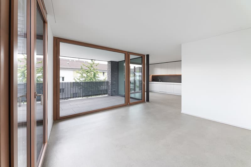 large sliding glass doors, balcony, white walls, concrete floor