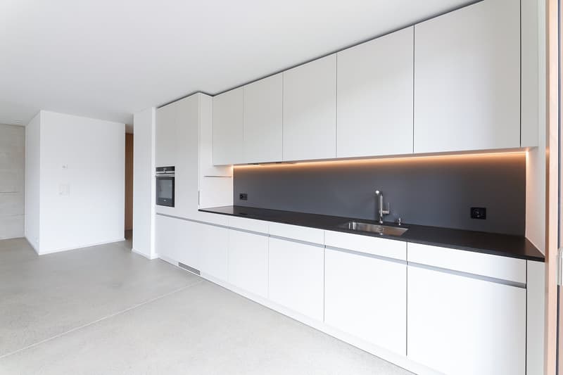 modern kitchen with white cabinets, black countertops, stainless steel sink, built-in oven, under-cabinet lighting