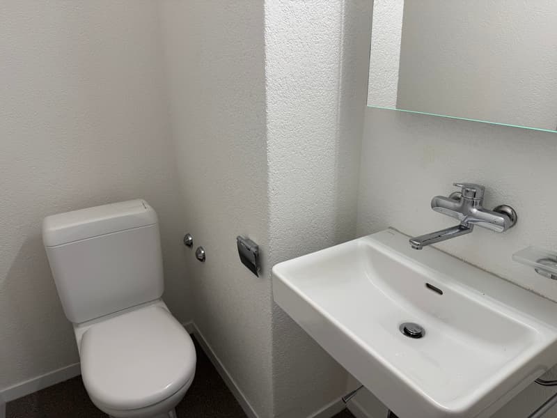 small bathroom with toilet, sink, mirror and tiled floor