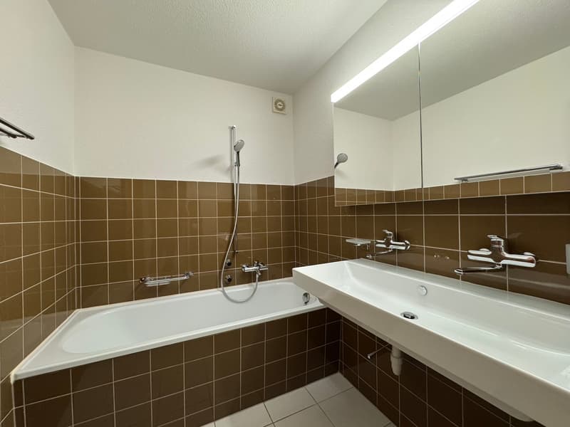 Brown tiled bathroom, white bathtub, white sink, large mirror, two shower heads, chrome fixtures