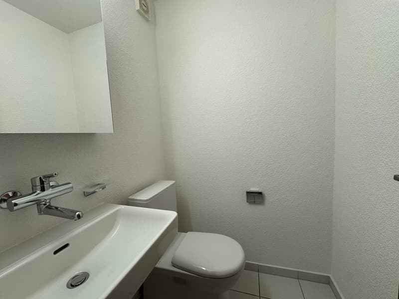 small bathroom with white tiles, mirror, toilet, sink with faucet, and towel rack