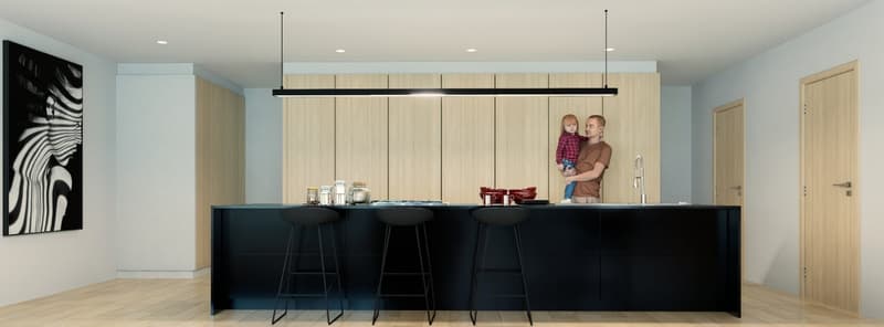 modern kitchen with island, black countertops, wooden cabinets, black stools, pendant lights, artwork, sink, faucet