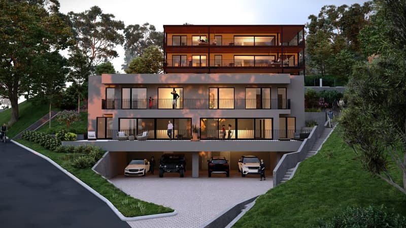 3 story house, modern design, 4 car garage, raised ground floor, multiple balconies