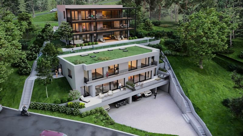 two story house, raised ground floor, garage, parking, multiple balconies, green roof, view