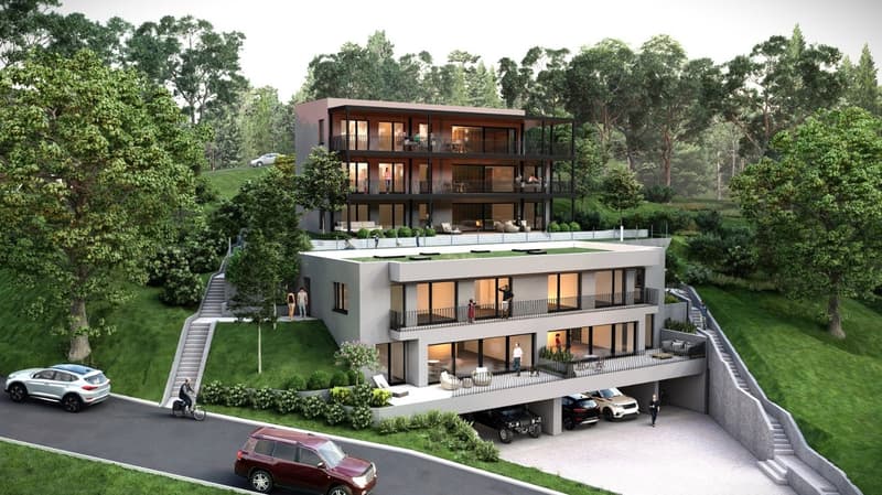 3 story house, modern design, multiple balconies, underground garage, raised ground floor, multiple cars parked