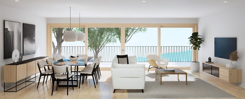 modern design, large windows, balcony, dining table, chairs, couch, coffee table, TV, side table, plant