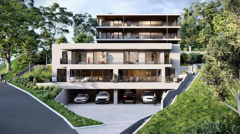 3 story house, white exterior, multiple balconies, underground garage
