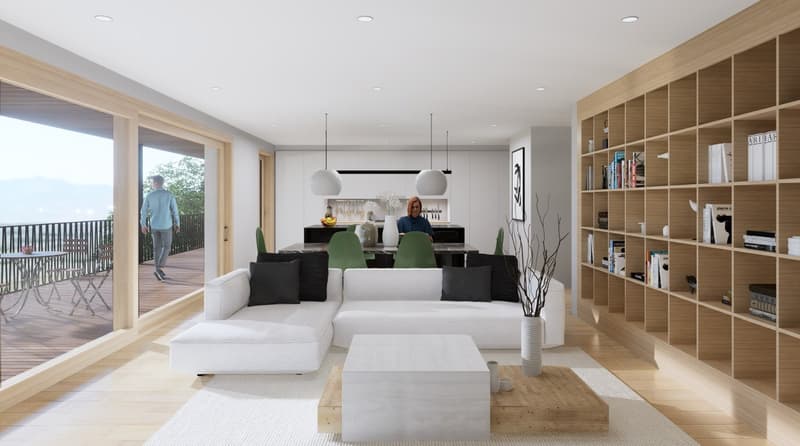 white sofa, wooden coffee table, wooden floor, large windows, balcony, view