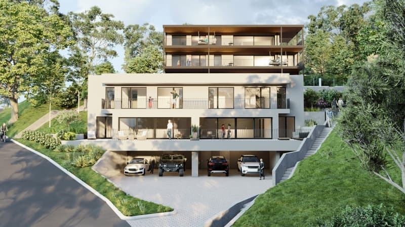 Modern house with 3 levels, 3 garages, balconies, raised ground floor