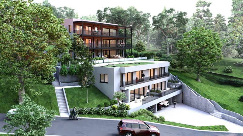 3 story house, modern design, multiple balconies, raised ground floor, green surroundings