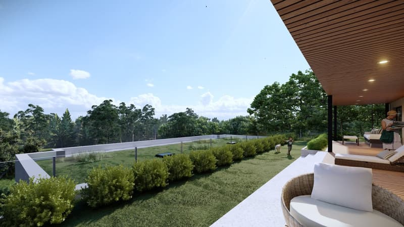rooftop terrace, large windows, outdoor seating, garden, view of the forest