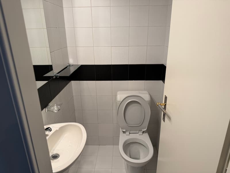 Modern bathroom with white tiles, black accents, sink, mirror, and toilet