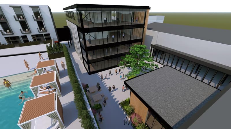 High-rise apartment building, glass walls, swimming pool, landscaped garden, multi-story car parking
