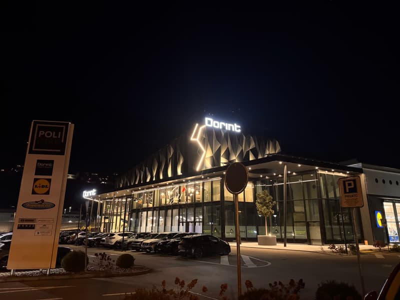 Commercial building, illuminated at night, name sign Dorint, glass facade, visible logo of Lidl and Dorint, parking area with cars parked in front, plants and trees in the foreground