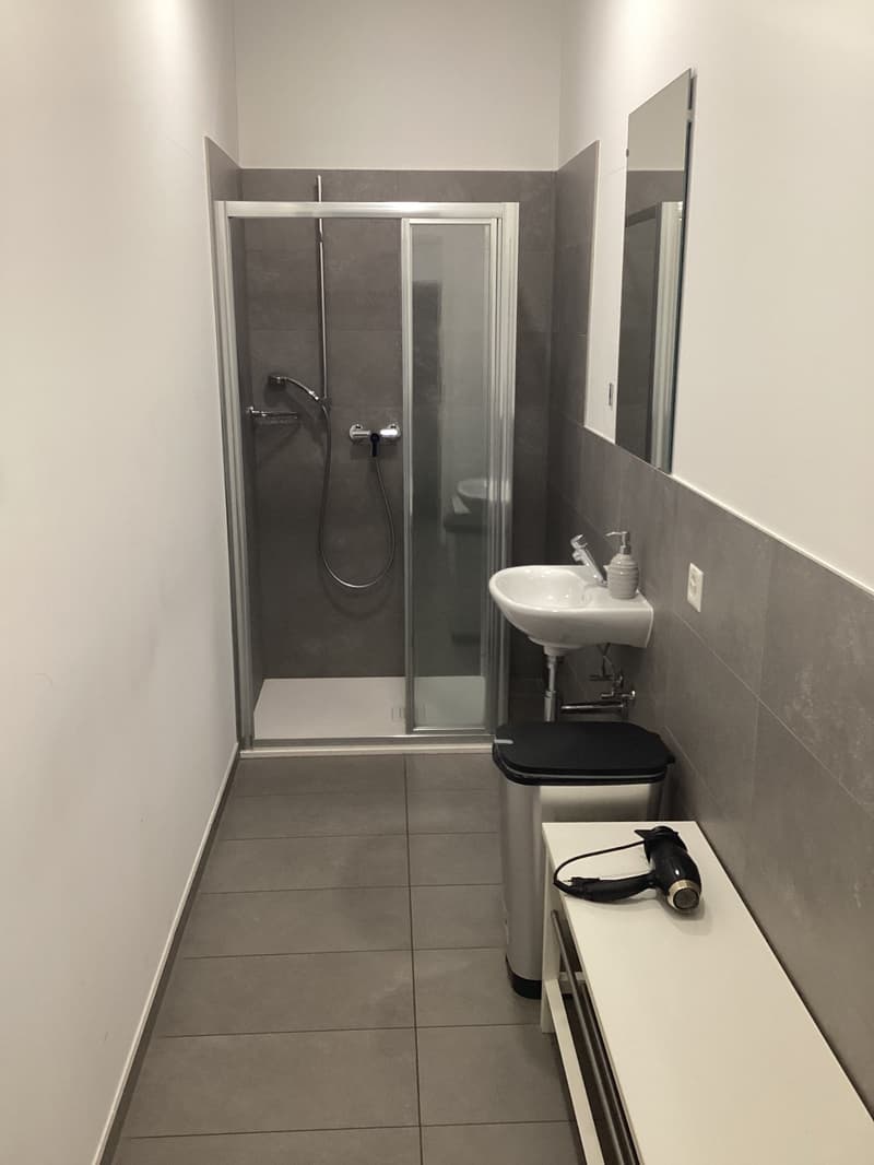 tiled floor, glass shower enclosure, white sink, toilet bowl, mirror, bench, trash can, hairdryer